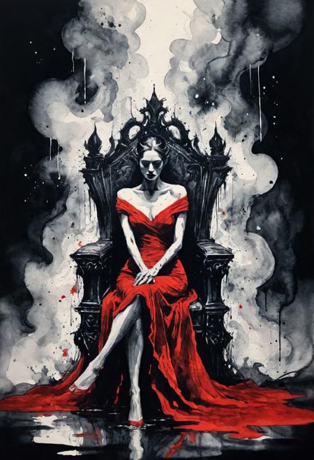 ink illustration, a scene of a woman in a red dress sitting leisurely on the throne in hell, the pictures conveys a sense of power, in splashes, rough ink sketch, moody, gloomy, dark picture, high contrast, stylized, linquivera, liiv1