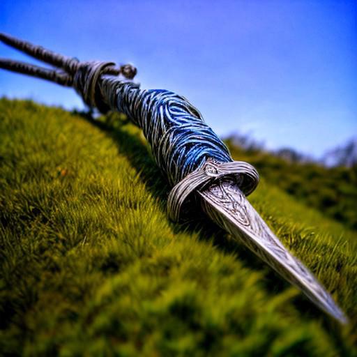 masterpiece, best quality, high resolution, surreal, in ancient stone hedge, there is a close-up of an ancient enchanted sword. a long and super sharp ancient enchanted sword. The sword tip stuck into the stone, ancient stone in the center of the stone hedge. The blade glows faintly with a blue, mystical light, and intricate runes are etched along its edge, pulsing with power. The hilt is adorned with a large, brilliant sapphire that reflects the light from the sword, casting a soft glow, the atmosphere is tense, with the air around the sword crackling with magical energy. In the background, blurred but visible is the ancient stone hedge, mossy with tall grass. lifelike, 1 sword, beautiful shaped sword, perfect shaped sword, intricate detailed sword, very strong sword aura,