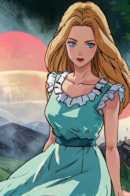 masterpiece, best quality, 1girl, solo, full body, 
ANIME_lolita_prideaux_ownwaifu, www.ownwaifu.com, 
blonde hair, long hair, blue eyes, collarbone, makeup, eyelashes, lips, red lips, very long hair, lipstick, 
aqua dress, dress, frills, sleeveless, frilled dress, 
<lora:ANIME_lolita_prideaux_ownwaifu-15:1>   
portrait, mountain, fog,