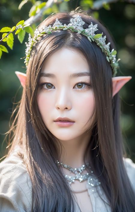 seulgi, girl, perfect eyes, (silver grey hair:1.1),(vines crown:1.2),(magical mantle:1.2), (ultra realistic:1.5), (elves:1.2), (close-up photo:1.2), (misty forest:1.2), (intricate:1.2), (looking at camera:1.2),  <lora:seulgi-byhighwizardS1ver:1>