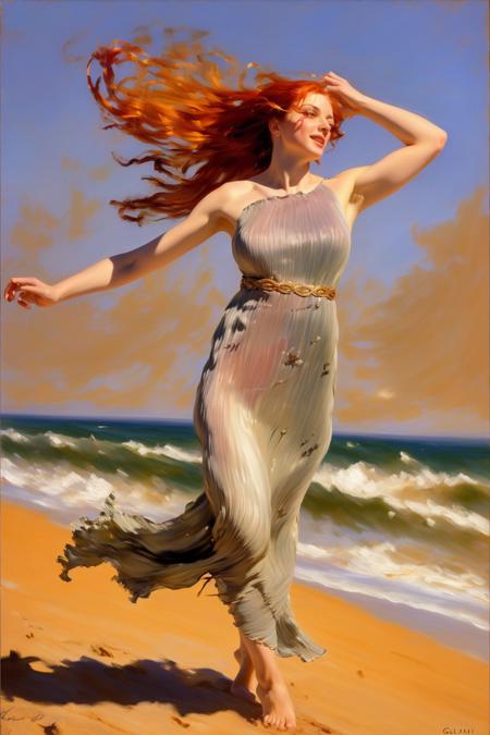 painting by Giovanni Boldini of a slender  redhead, big breasts,  hair in messy bun, jewelry,  wearing long Fortuny dress running and  frollicking on the beach, dynamic pose, detailed face, brushstrokes, kinetic <lora:fortuny:1>