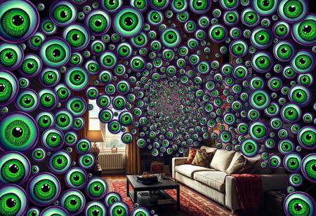 many hundreds of green eyes fractal spiralling illustration psychedelic hallucination visuals, overlaid layer of spiral eyes over a normal scene in a living room, transparency layer