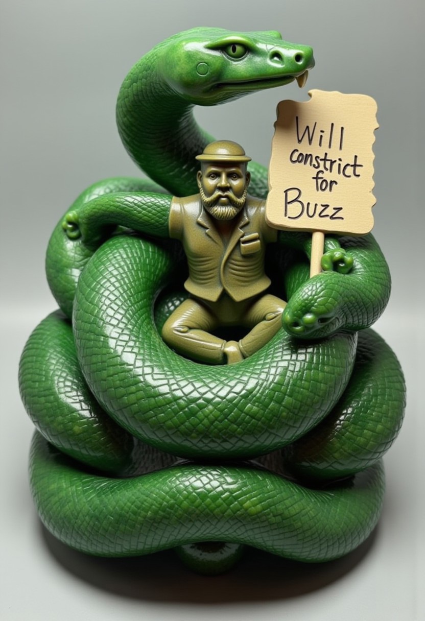 A large sexy jade_snake the size of an anaconda is wrapped around a happy looking man. It is holding a sign that says “Will constrict for Buzz”.