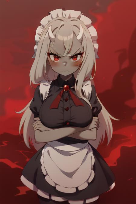 supreme-calamitas, angry closed-mouth, angry pouting, maid outfit, maid bonnet, angry blushing, bright red blush, grey skin,  gray skin, grey colored skin,  gray colored skin, surrounded by red fire, covered in red fire, volcanic background, magma background, red fire background, thicc, black leggings, 2 short white demon horns, 2 short anime demon horns white, black leggings, 2 short white demon horns, 2 short anime demon horns white, 2 white anime demon horns short, grey skin,  gray skin, grey colored skin,  gray colored skin, anime eyeliner, anime character eyelashes, arms-crossed, crossed arms, arms crossed<lora:SCal:0.85>