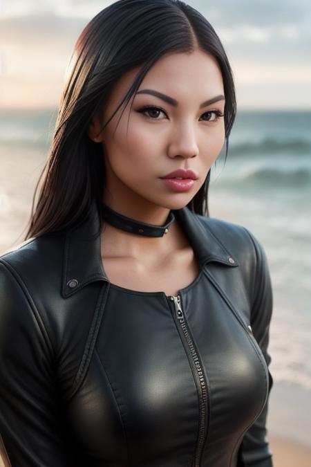 callingbull (sharp focus:1.2), photo, (beautiful face:1.1), detailed eyes, ((luscious full  lips)), (cat eye makeup:0.85), wearing (leather clothing:1.2) on a (beach:1.2), depth of field, bokeh, 4K, HDR. by (James C. Christensen:1.2|Jeremy Lipking:1.1).