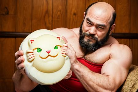 1male, a macho man eats (a cat-shaped mochi:1.2), muscular, manly, food, eating, dragon ball style, dragon quest style, mahoujin_guruguru, beard, chinatown