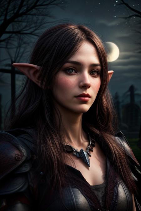 beautiful mature elf woman, dark ranger, tattered armor
slender, perfect face, perfect hands, eye contact, realistic face, realistic eyes, 
moon over graveyard background