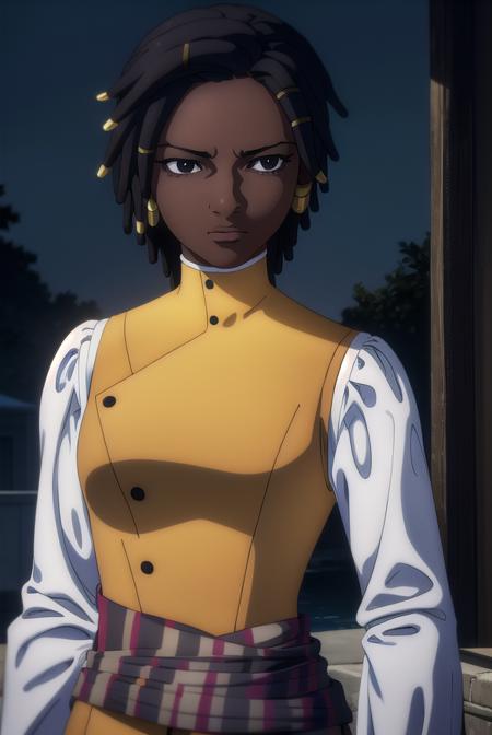 castlevaniaannette, short hair, black hair, dark skin, (black eyes:1.5), dark-skinned female, very dark skin, dreadlocks, shirt, long sleeves, white shirt, belt, pants, vest, black pants, yellow vest,