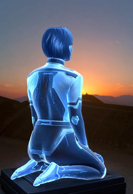 1girl, solo, USTheWeapon, blue skin, holographic girl, see-through body, (from side:0.6), from behind,
sitting, on floor,
facing away, light smile, (parted lips:0.7),
sunset, outdoors, sky,
<lora:USTheWeapon:1>,