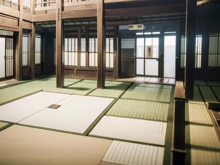 masterpiece, best quality, ultra-detailed, illustration,
DOJO, sliding doors, architecture, tatami, shouji , east asian architecture, indoors,  scenery,
 <lora:DOJO:1>