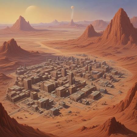 A pastel painting by "J. Carter", a young government scientist, depicting a fantastical city on Mars, science-fiction city, painted in the 1940's, the city is called Mars Alma