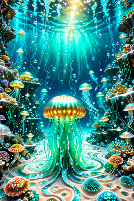 A surreal underwater realm where coral castles drip with glowing pearlescent syrup,jellyfish float like silk lanterns above a pearly sand floor,and luminous mermaids paint ocean currents with swirling trails of light and flowing pigments,magical realism,photoreal style,intricate lighting,
a jellyfish  made of l1qu1dp34rl,swimming in the ocean,psychedelic patterned,detailed and intricate pearlescent gold,underwater cavern,rocky outcrops,seaweed,spongebob,detailed and intricate patterns,harmonious palette,a magical and harmonious under water world,
pearlescent,flowing through bioluminescent coral reefs,iridescent bubbles rising in turquoise water,hyper-realistic translucency,pearlescent,
Masterpiece,best quality,hi res,8k,hi res,8k,award winning,(sharp focus, intricate, highly detailed),<lora:SDXLFaeTastic2400:0.4>,<lora:liquidpearlXL_r1:1>,<lora:TrendCraft_The_Peoples_Style_Detailer-v2.1A-3_12_2025-SDXL:0.8>