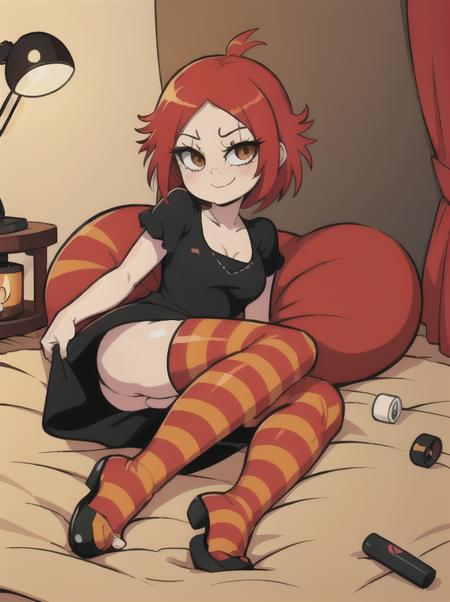 Ruby gloom, Red hair, spikey hair, fancy eyebrows, fancy eyelashes, freckles, blush, White skin, 4 fingers, chibi, black short dress, red and yellow striped thigh highs, black shoes, 