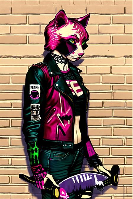 A rebellious feline with a leather jacket and torn fishnet sleeves, leans against a brick wall with a graffiti-covered skateboard, exuding a punk spirit of streetwise confidence:1.5, rebellious feline:1.2, leather jacket:1.2, torn fishnet sleeves:1.1, leans against brick wall:1.1, graffiti-covered skateboard:1.1, punk spirit:1.1, streetwise confidence:1.1. , anipunks