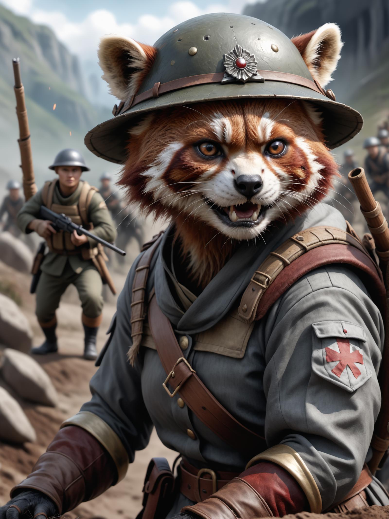 Angry Red Panda in Military Uniform and Hat