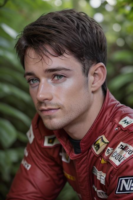 a man in a red nascar suit, in a jungle paradise, [smiling], (close up, head shot), raw, 8k, uhd, fujifilm xt3 <lora:charlesLeclerc-000009:1>, highly detailed face