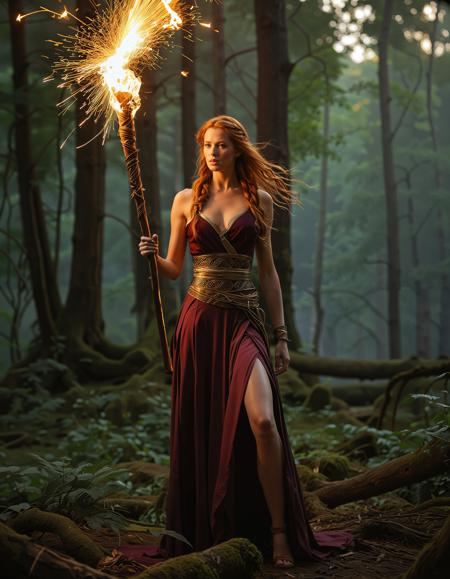 freyja, auburn hair, braided hair, magic, forest, mythic beauty, <lora:NBN-Freyja_NordicByNature:0.8>, ,Daughter of Thor, A nbn-freyja wielding a massive hammer, lightning crackling around her as she prepares for war.,low light, soft natural light, Rembrandt style light, Hasselblad DLSR camera, 200mm Zeiss lens, f/2.8 clear focus, high resolution image, ,Sexy pose, erotic pose, exhibitionism, ,The Angkor Wat in Cambodia with its ancient temples and jungle surroundings