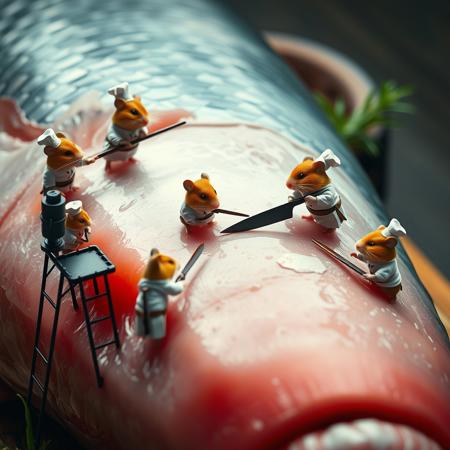 Ultra-realistic macro photography of a giant fish, with only a portion of its massive body visible. Tiny hamster chefs in professional kitchen uniforms are working together to slice a single, giant piece of sashimi. Some chefs are standing on scaffolding, each holding a traditional Japanese cooking knife as they carefully carve the sashimi with precision. The scene is highly detailed and photorealistic, capturing the rich texture of the fish and the intricate teamwork of the miniature chefs.
