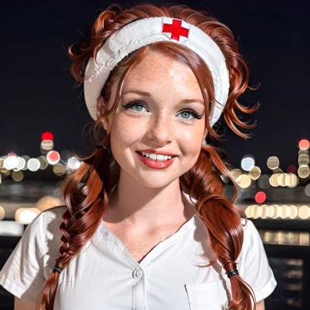 zoec looking at viewer, candid snapshot of 1girl, nurse hat, rubber gloves, white nurse button shirt, heavy makeup, eyeliner, twin tails, glasses, blue eye shadow (((red hair))), heavy eyelids, parted lips, face details, looking at viewer, (night city background), forehead, freckles, sharp focus, high contrast, laughing, motion blur