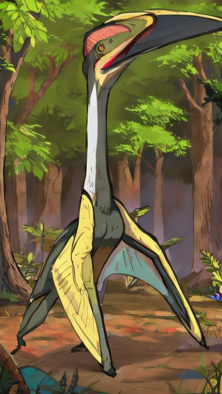 <lora:Ptero:1>, Pterosaurs, flying, Cretaceous, Cretaceous period, Cretaceous background, forest