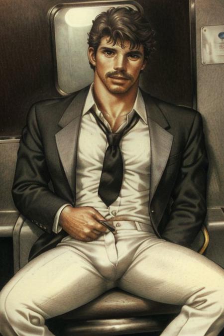 <lora:TomFin:0.8> t0f, colored pencil drawing of a man, dilf, sitting, on the subway, stubble, suit and tie, good quality