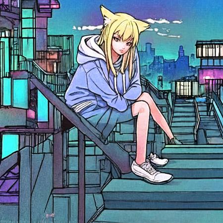 masterpiece, best quality, outdoors, 1girl, solo, vaporwave, looking at viewer, hoodie, blonde hair,  , catgirl, hands in pockets,  <lyco:vapor:1>, stairs, sitting