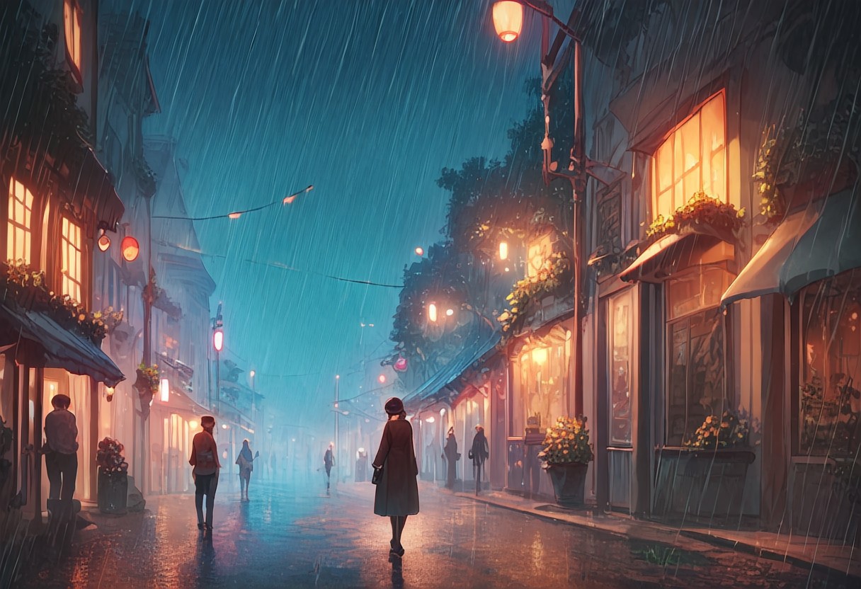 score_9, score_8_up, score_8. score_9, score_8_up, score_7_up, masterpiece, 4k, high quality, (best quality:1.1),anime, beautiful drawing, rainy street, a melancholic nerd looks at the sky with rain mixed with tears and wonders about the future