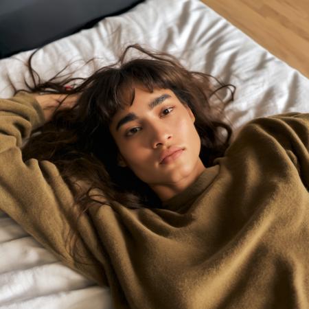 <lora:sofiaboutella_sdxl_lora_256_bf16_19:1>  a semi close up photo of  sofiaboutella  selfie| shot from above| medium shot| streetwear| young woman| lying on her back| on a bed| curvy| medium breast size