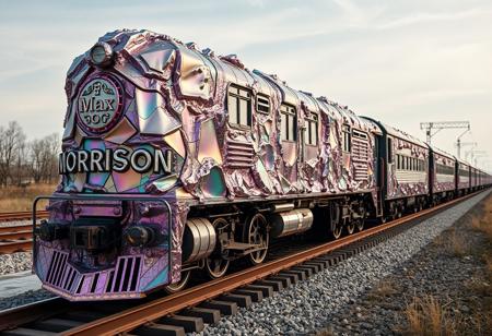 “A train made entirely of bismuth, with an iridescent, multicolored exterior and an asymmetrical, crystalline texture, travels along a railway. The lead car of the train bears the inscription ‘MORRISON’ in bold, stylized letters, integrated into its metallic surface. Following closely behind is another car with the inscription ‘by Max,’ also crafted from bismuth and shimmering with vibrant colors. The surreal train, captured in stunning detail through Panavision Prime Aspherical cinema lenses, moves along the tracks with a mesmerizing display of colors and textures, as if the mineral itself has come to life in the form of a locomotive.”