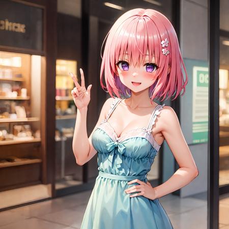 best quality, masterpiece, upper body, standing, solo focus,
1girl, momo velia deviluke, (hair ornament:1.1), bob cut, short hair pink hair, purple eyes, medium breasts, blue frilled dress, looking at viewer, mall, (blush:1.2), happy, (crowd:0.5),
<lora:Kizuki - To Love Ru - Momo Velia Deviluke:0.75>