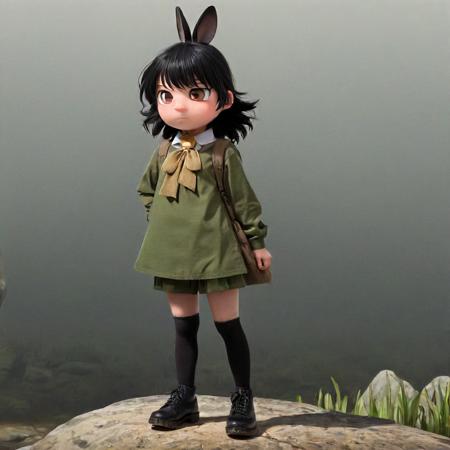 crossover, brown eyes, wading, butterfly, looking at viewer, shirt, rock, bow, nature, rabbit girl, simple background, looking up Snufkin, uniform, black hair, black footwear<lora:Moomin-000005:1>