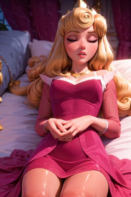 from above, 
auroraodd, 1girl, curly bangs, curly hair, long hair, blonde hair, blue eyes, makeup, parted lips, sleeping, eyes closed, 
pink dress, tiara, gold necklace, see-through sleeves, 
sleeping on bed, lying back, laying back on bed, on back, laying on bed, 
royal bedroom, roses on bed, royalty, night time, candle-lit, volumetric lighting, realistic, blurred background
<lora:Aurora_V1:0.6>