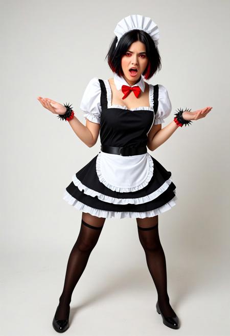 1girl, Ellen_Joe, shark tail, red_eyes, black_hair, short_hair, colored_inner_hair, spiked_bracelet, spiked_collar, maid, maid_headdress, black_dress, frills, puffy_short_sleeves, maid_apron, black_belt, bow, brown_pantyhose, angry, facing_viewer, heart_hands, indoors, dynamic angle, masterpiece, best quality, amazing quality, simple room, (white_background:1.2)