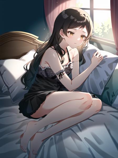 {{{pajamaSH}}},lying,bed,full_body,on bed,pillow,window,sleepy,barefoot,(beautiful shadow), (beautiful light),{{illustration}},{{{masterpiece}}},{{best quality}},{High resolution}, hignity 8k wallpaper,detailed background,{highres},, beautiful face, ((shiny skin)), ((highly detailed skin)),{{{1girl}}},{{{solo}}}, <lora:kitazawa_shiho:1>