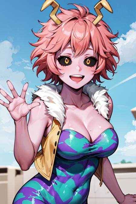 masterpiece, best quality, highres, ashidomina, short hair, horns, (colored sclera:1.1), (black sclera:1.2), pink skin, collarbone, bare shoulders, cleavage, fur trim, vest, unitard, bodysuit, <lora:ashido_mina_v1:0.8>, <lyco:coloredSclera-000010:0.6>, waving, smile, open mouth,