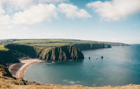 photo of (english coast:1.3), Cornwall, panoramic view, (mountains:1.3), (castle:0.6), sea, cliffs, beach, azure, bay, sunny with clouds, cinematic lighting, golden hour, god rays, 8K, (highly detailed:1.5), (ultra-realistic:1.5), masterpiece, Hasselblad,  (ag400:1.2) (film grain) <lora:Analog Style Agfa:0.9>