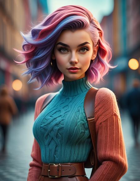 cinematic film still <lora:FF.121samaritan3dCartoon_v40SDXL.LyCORIS:1> cinematic photo 24 yo woman, elegant knitted outfit, colourful hair, medium length hair, intense detailed eyes, wide belt, purse, pantyhose, standing, city, bokeh, (big breasts), (micro waist), .35mm photograph, film, bokeh, professional, 4k, highly detailed, Fujifilm XT3 sharp focus, f 5.6, High Detail, Sharp focus, dramatic, interstellar, film grain, Surrealism colourfull, an explosion of colors, colorful 4k, colorful picture, color explosion, explosive colors, color splash
 . shallow depth of field, vignette, highly detailed, high budget, bokeh, cinemascope, moody, epic, gorgeous, film grain, grainy