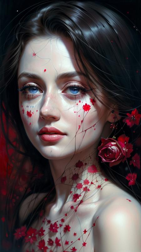 close up,portrait, light behind subject,beatiful face,russian beautiful woman,((russian folk clothing)),red kokoshnik,spiderweb,(( art  by Agnes Cecile ))  ((painting named surrealistic dream of mystery utopia)),(horror vibe, dark scenery) ((horror)) (limited colors, red, blue, white) BREAK perfect quality,best quality,ultrasharp,ultradetailed,perfect quality,masterpiece,intricated details,wallpaper,8k, paradox, adrian ghenie, jenny saville, edward hopper, surrealism, dark art by james jean, takato yamamoto, inkpunk minimalism, fashion magazine, editorial photography,  <lora:ip-adapter-faceid_sd15_lora:0.22>