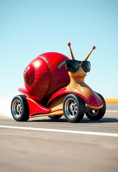 A cute, hyper-stylistic snail speeds along, its shell transformed into a sleek, high-performance sports car. The shell, a vibrant, metallic red, features four high-performance tires, gleaming chrome wheels, and a body that's complete with car doors, windows, and a rear spoiler. The snail's "face" is a cool, confident visage, its eyes hidden behind a pair of trendy, dark shades. The snail's antennae are styled like a pair of sporty, aerodynamic fins, adding to its turbo-charged persona. Every detail of the scene is meticulously rendered, from the intricate, textured pattern of the shell's body to the tiny, glowing turbo gauges on the dashboard. The overall effect is one of adorable, high-octane fun, as if this turbo-charged snail is the coolest, most unlikely speedster on the road. highest-Quality, intricate details, visually stunning, Masterpiece