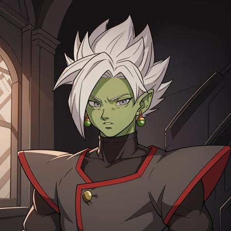 Best_QualityPos, RAW photo, intricate details, best quality, 8k uhd, soft lighting, 1boy, solo, colored skin, green skin, spiked hair, white hair, grey eyes, earrings, dougi  <lora:Fusion_Zamasu:0.6>