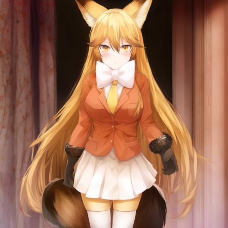 ezo, 1girl, solo, animal ears, fox ears, long hair, fox tail, blonde hair, white pleated skirt, brown gloves, brown fur trim, white bowtie, yellow legwear, long sleeves, yellow necktie, white undershirt, hair between eyes, very long hair, fur-trimmed sleeves, fox girl, bangs, orange eyes, orange blazer, brown loafers, brown tipped ears, brown tail, detailed shading, detailed ambient light