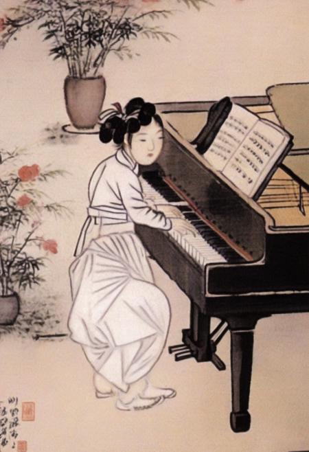 best quality, shinyunbok painting, a girl playing piano