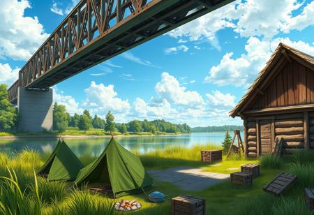 A vibrant, detailed digital painting captures a peaceful outdoor scene. A massive, industrial steel truss bridge stretches across the middle, supported by hefty concrete pillars. Below, a chill river mirrors the bright blue sky and fluffy clouds above. The riverbank is lush with tall, green grasses and trees, adding to the natural vibe.
Up front, there's a campsite with several military-style green tents, showing off a rugged outdoor life. To the right, a wooden structure, maybe a small cabin or shelter, is built with logs and has a thatched roof. Scattered around are wooden crates, camping gear, and a small fire pit, hinting at a recent campfire. The lighting is bright and sunny, casting soft shadows and making the greens pop. The camera angle is straight-on, giving a clear view of the scene, with a slight tilt upwards to show off the bridge and sky. The whole scene screams tranquility and adventure.