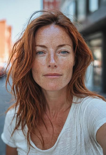 Lilly_midjourney_model ,  sexy,  40 year old,  portrait photography, white tshirt,  skin texture, 
city sidewalk background, shallow depth of field, high resolution, sharp, skin pores, detailed skin, freckles
 Photorealistic, realistic, Canon 5D Mark IV 85mm f/1.8, realistic eyes, detailed eyes. bokeh, shallow depth of field, blurry background, UHD, 8K, high resolution, sharp,  film grain, analog, 
 <lora:Lilly_midjourney_model:.9>