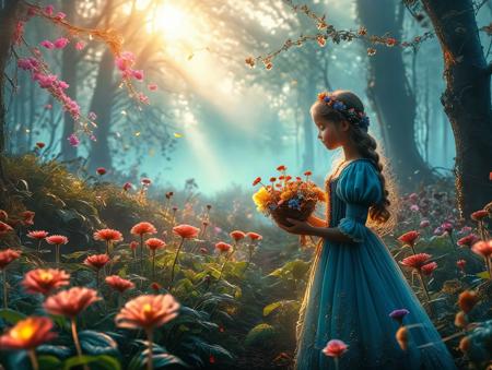 Fairy tale Magical forest, magic sunrise, foggy, girl  harvesting magic flowers, 8k, intricate details <lora:add-detail-xl:1> <lora:MJ52:0.6> . Magical, fantastical, enchanting, storybook style, highly detailed