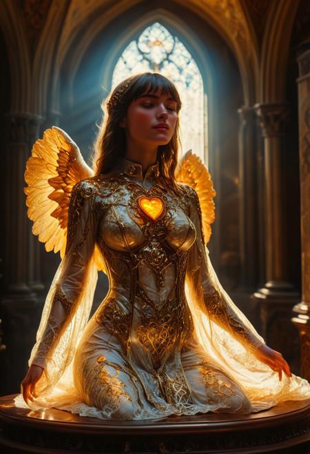 A cinematic masterpiece. Here's an improved photograph:
In a warm, golden light, the amber fragment sits atop a ornate, antique pedestal in a grand, Gothic-style church. The Dutch angle captures the subtle curves of the angelic girl's body, as she stands in a flowing bodysuit and long hair cascades down her back. Her head tilts slightly, with bangs framing her closed mouth. Her gaze is serene, focusing on something unseen.
The amber fragment itself glows softly, showcasing its intricate patterns and inclusions. The Human Heart inside appears suspended in time, surrounded by a delicate, lace-like pattern of striations and organic fragments. The overall composition draws the viewer's eye to the heart, while the girl's pose and the church's architecture add depth and context.
The image is presented in stunning 4K resolution, with an impressive level of detail that invites the viewer to step into this captivating scene.