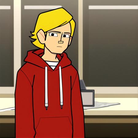 masterpiece,best quality, 1boy,short hair,yellow hair, wears red hoodie<lora:Twelveforeverstyle:1>