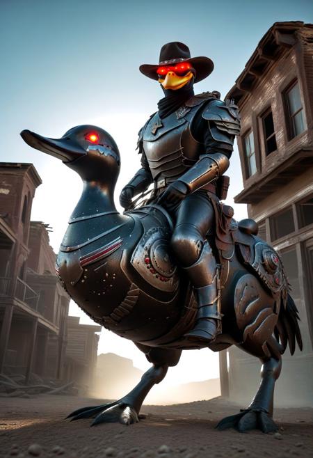 (made of black sparkle iron:1.4), closeup mecha Sheriff riding on (Prancing duck:1.4), glowing red eyes, holding Classic gun:1.4, cowboy hat, round goggles, looking at viewer, extreme closeup shot, from side, from below, in Abandoned Western city, Cactus, cinematic, detailed horse, cinematic lighting, (masterpiece, best quality:1.4), ultra-high res, 4k, Photorealistic, insanely detailed, sfw,