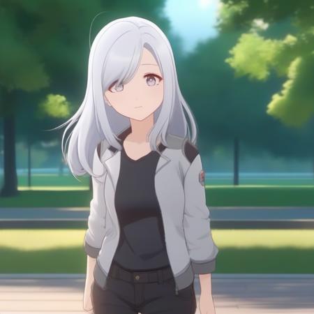 front view, a cute girl in a park, long hair, white hair,  ambient light, (detailed face, detailed body: 1.4), realistic anime style <lora:Shenhe(Genshin_Impact):0.5>