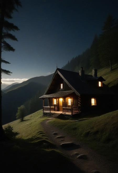 resonance, dusk, dream, hiking through the carpathian mountains, as you crest a steep hill, you look to your left and see a small log cabin not even twenty paces from the trail, perhaps a place to stop to rest after a long journey, sitting on the front porch of the cabin, there's a woman in her late twenties, pretty face, a smattering of freckles, curly brown hair, she gives you a warm welcome, and a smile that reveals her remarkably sharp incisors, a glimpse of her thigh through the slit in her homemade dress, foreshadowing a sexual encounter later on in the evening, you are utterly entranced by this seemingly chance encounter, dvr-hgh-fnt, dark, chiaroscuro, low-key